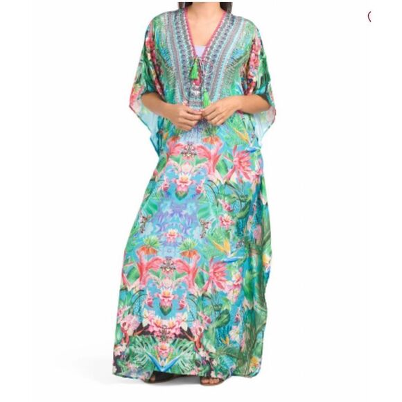 Eden Garden Maxi multi color Long Kaftan tie up neck NWT one size - Picture 1 of 6
